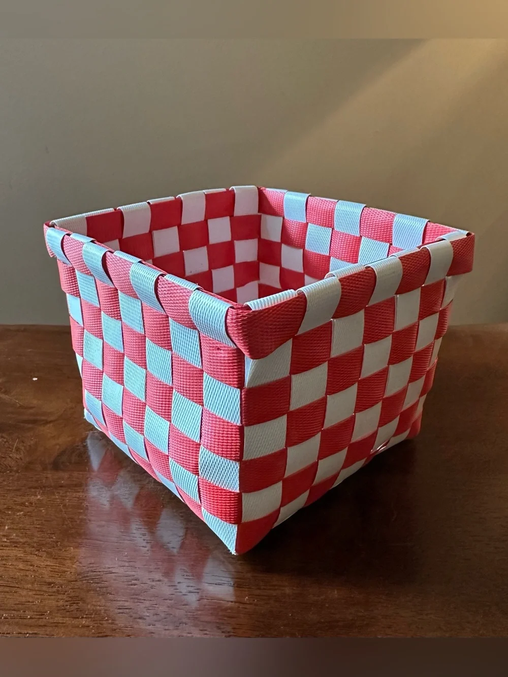 Cute red and white woven basket
